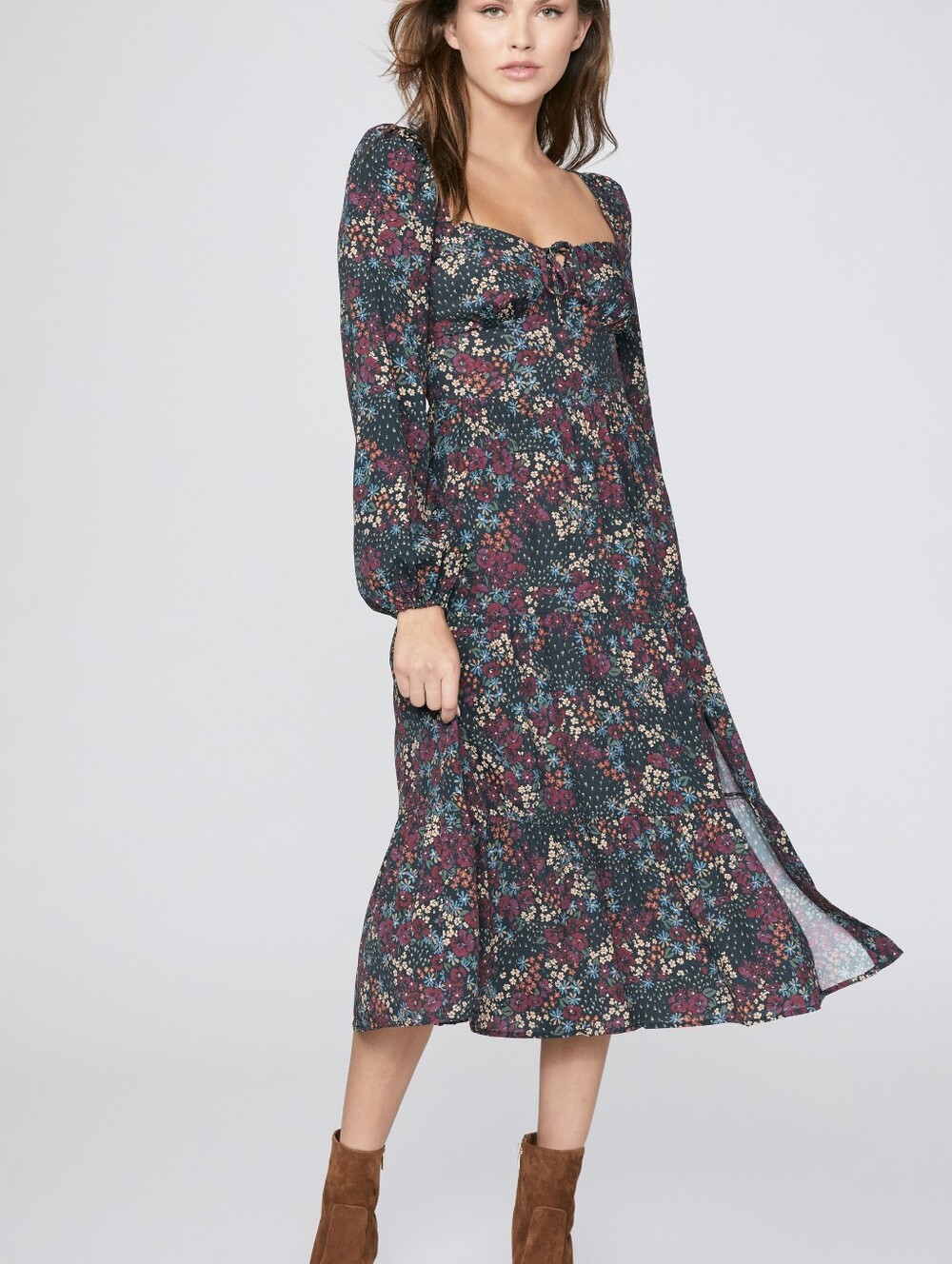 PAIGE Floral Long Sleeve Midi Dress in Black Multi